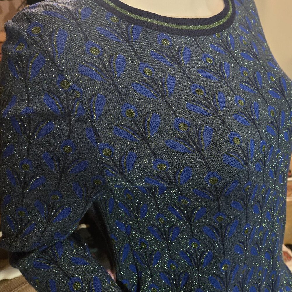 NEW Blue Green Flare Sleeve gold speckles Sweater Medium - Picture 8 of 12